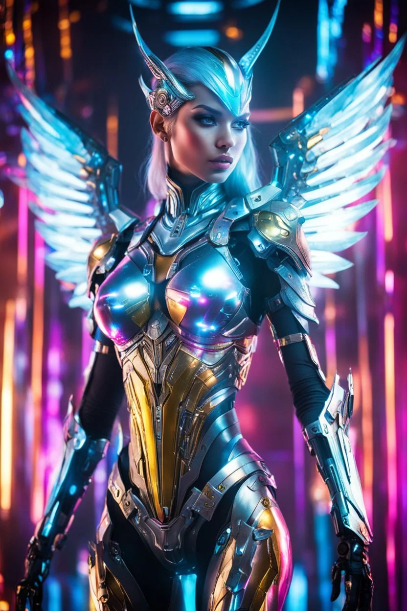 Photography High detailed humanoid super model beautiful woman as an gorgeous Angel with body cyborg warframe in disco club playing music,with cybernetic elements on metal colors dessing futuristic, neon colors lights reflections,intricate design and details, dramatic lighting, Cinematic lighting, Volumetric lighting, Epic composition, Photorealism, Bokeh blurry