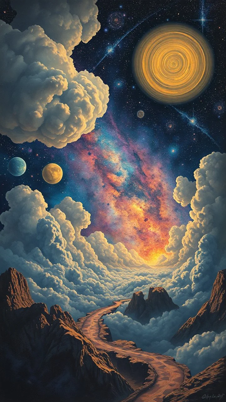 Back in time through a Time Machine in the parallel universe among the galaxies and the stars a big clouds of gas covering the sky from a distance Busch painting style nightmare