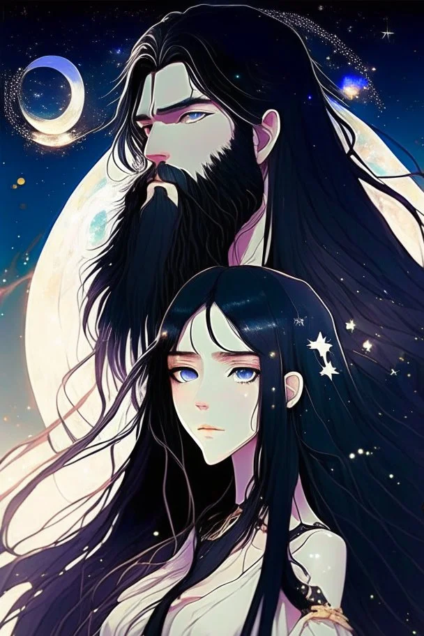 Celestial anime girl, long black hair, with bearded man