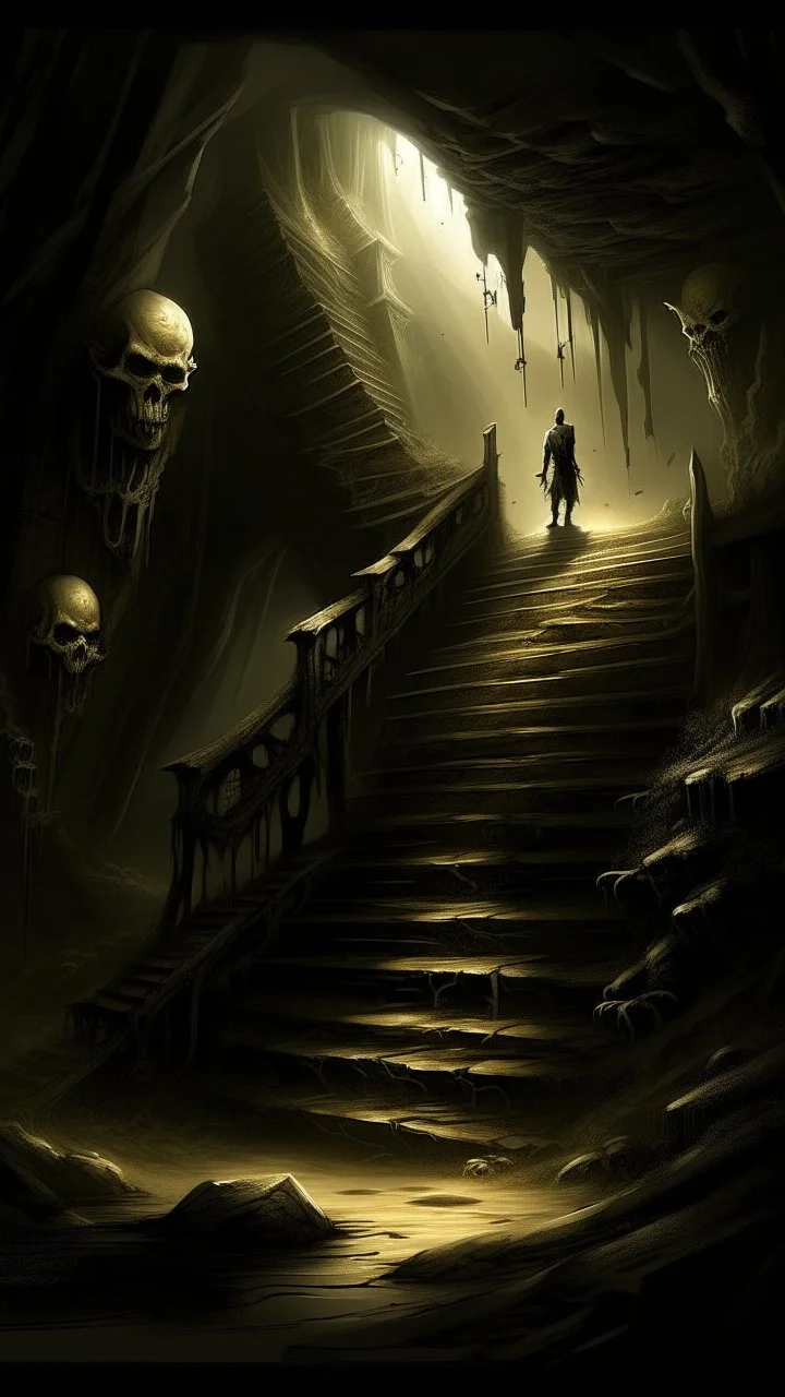 A stair from underground to a room with creature standing at the top in the darkness reigns supreme, swallowing light and casting an eerie gloom. Jagged rocks jut ominously, shadows dancing with unseen creatures. Sinister shapes glide, eyes gleaming in the murky depths. Distant rumblings and creaking sounds fill the water, sending shivers. In this desolate underworld, fear of the unknown pervades every corner, where the slightest movement evokes terror. It's a realm where nightmares manifes