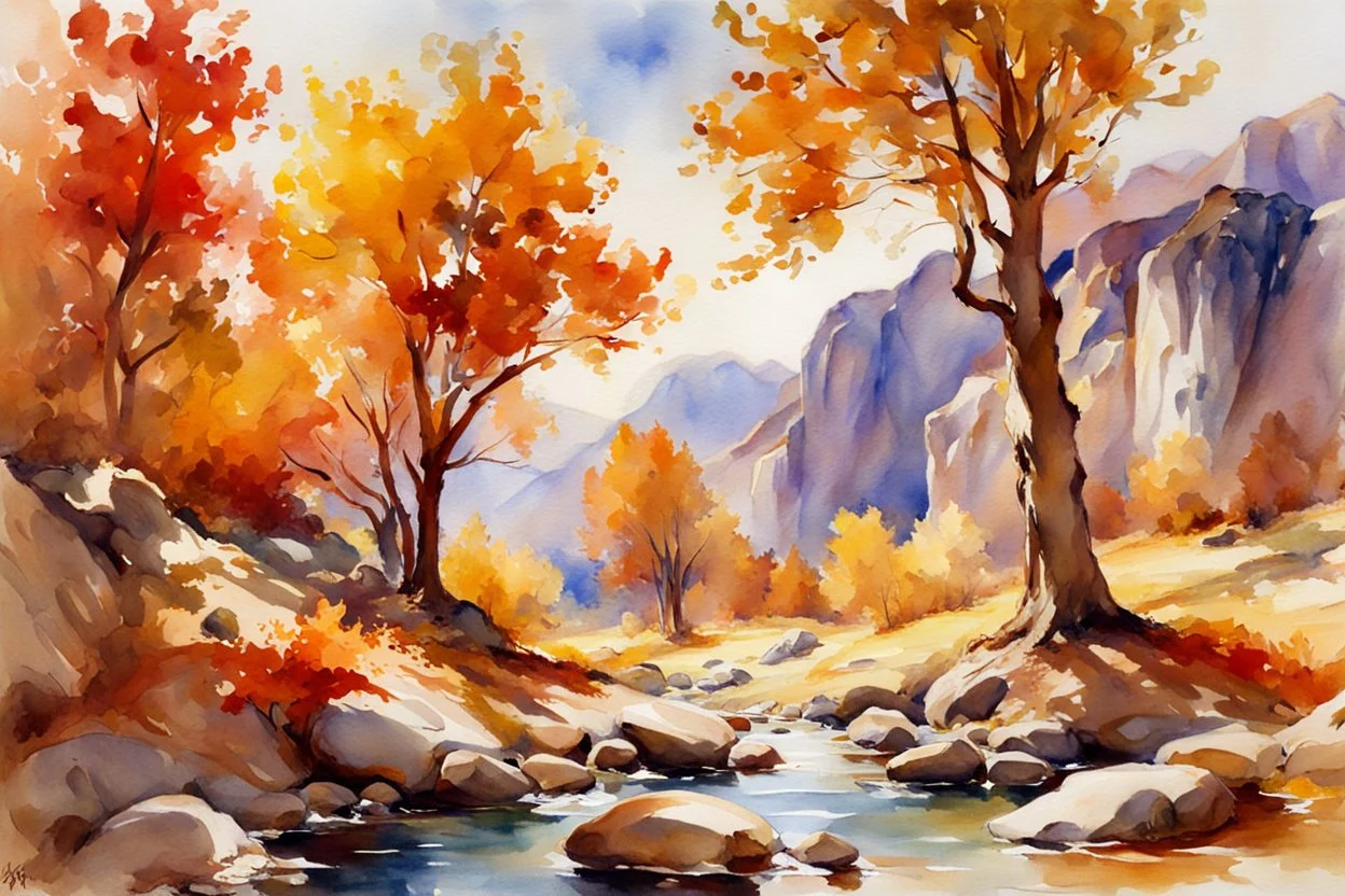 Sunny day, autumn trees, rocks, fantasy, mountains, epic, john singer sargent watercolor paintings