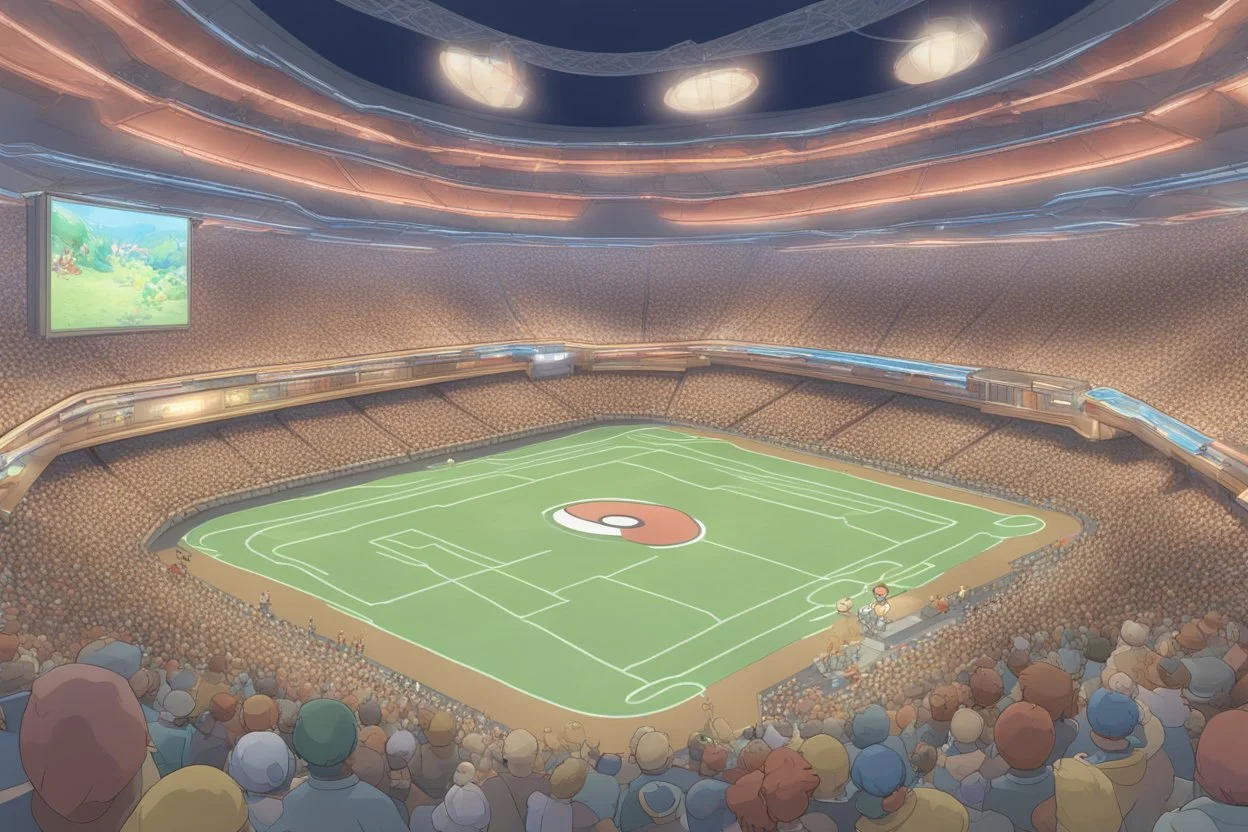 a Pokémon stadium with many lights and a big crowd, cell shading