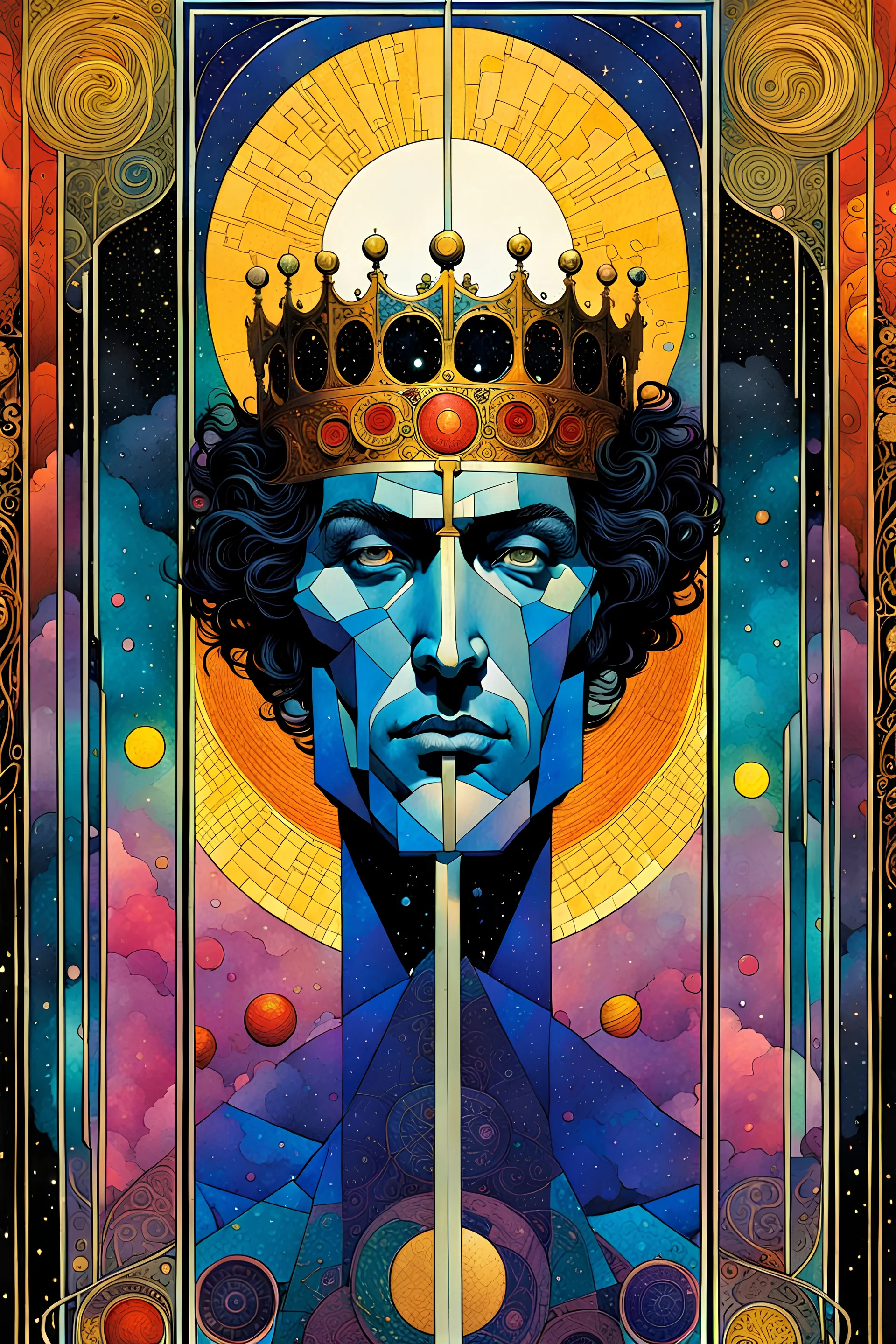 Create a chaotic abstract cubist Tarot Card depicting , The King of Swords , with highly detailed facial features, in the style of Bill Sienkiewicz, Philippe Druillet, Gustav Klimt, and Jean Giraud Moebius, precisely drawn, colored and inked, with ornate bordered edges