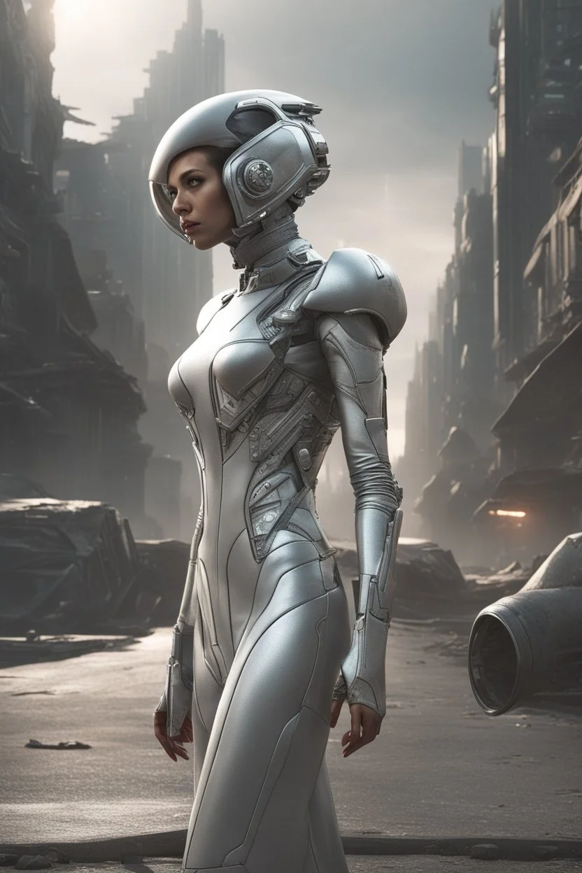 a photorealistic sleek, long, silver spaceship sitting in the street of a dystopian futuristic ruined alien city, with a woman in a silver suit, standing in front