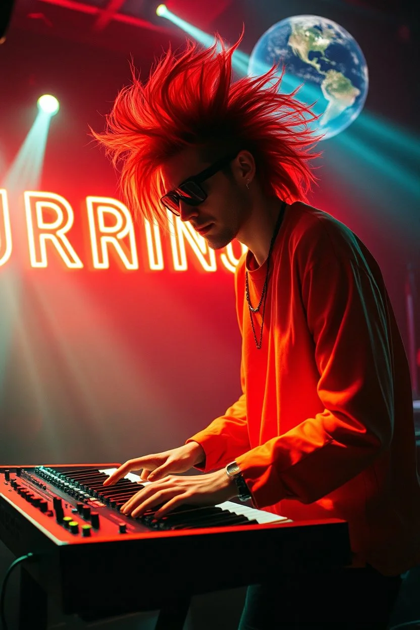 French cool synth player with crazy techno acid hair, he is called "Jean-Maurice Brûlée" performing at dance club, his name is "Jean-Maurice Brûlée" , white and orange Neon lights and oraNGE smog, and "URINIUM" big sign on the wall, he is playing on synthesizers on stage with lot of laser beams and wearing black sunglasses, an earth is projected in background