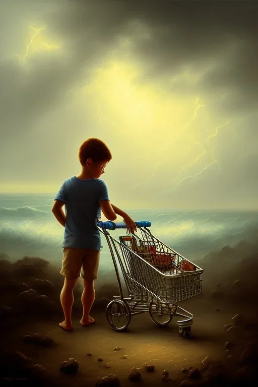 painting of young boy standing and old man sleeping on beach, dark storm clouds overhead, gloomy, bleak, shopping trolley, ship at sea, little fires