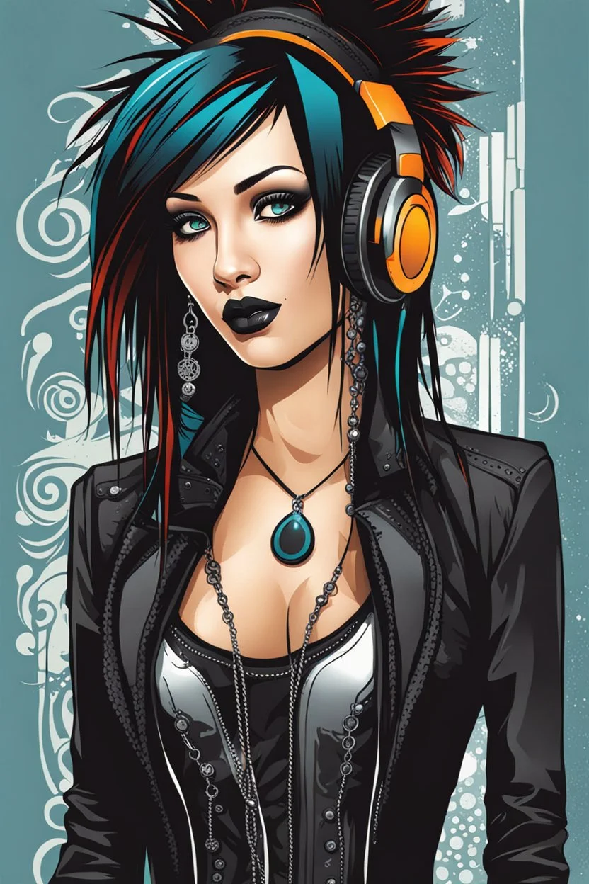 Create a wild, imaginative, goth punk girl with highly detailed facial features, in the vector graphic style of Nirak1,Christopher Lee, and Cristiano Siqueira, utilizing simple shapes and vibrant colors