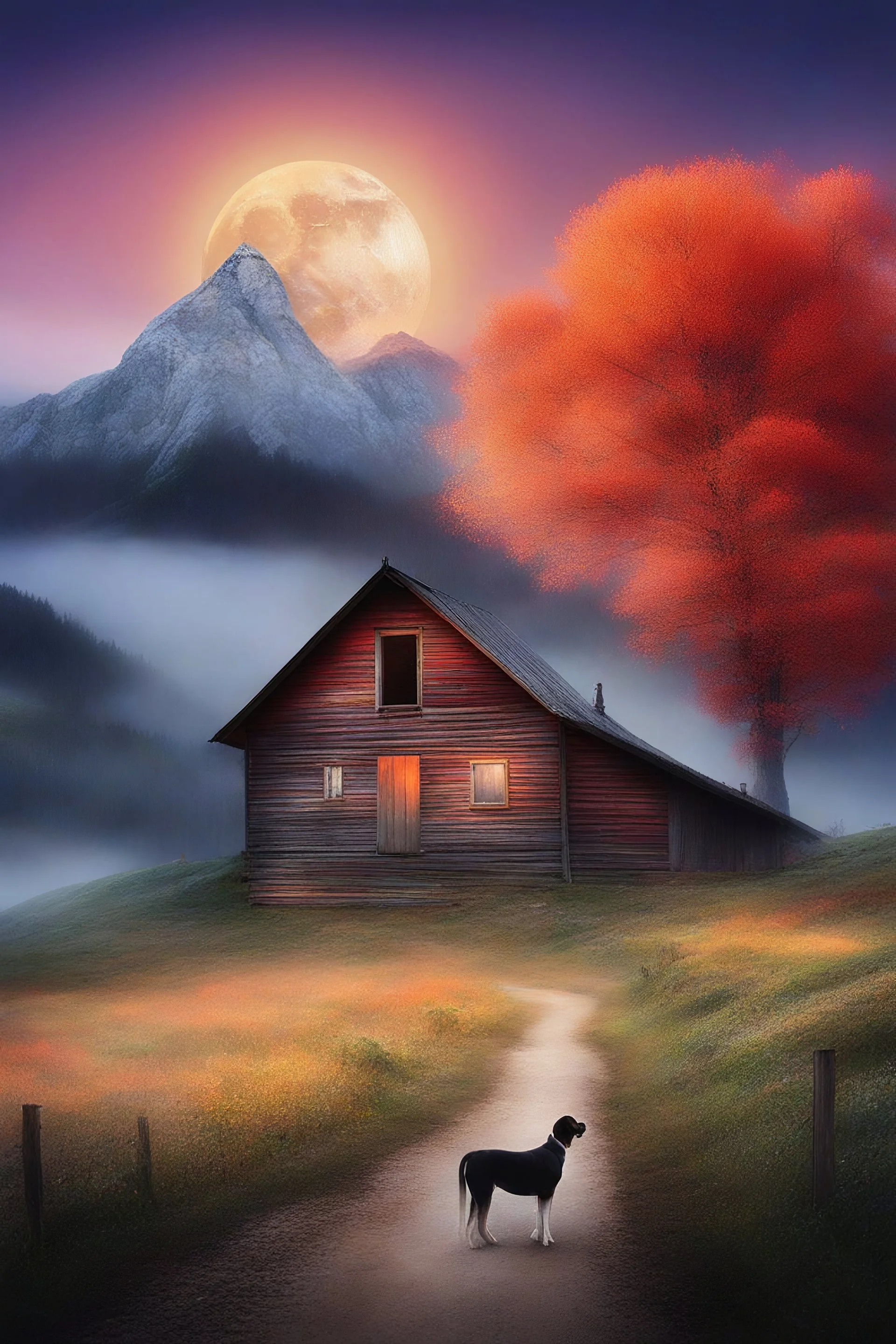 A man, a cat, a horse, a tree, a house, a barn, a dog, a mountain range, a moon, fog, mist, trees, this picture is colorful