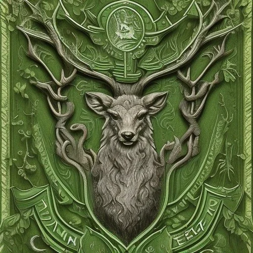 coat of arms of an elvish forest city with a stag on it, very detailed, green