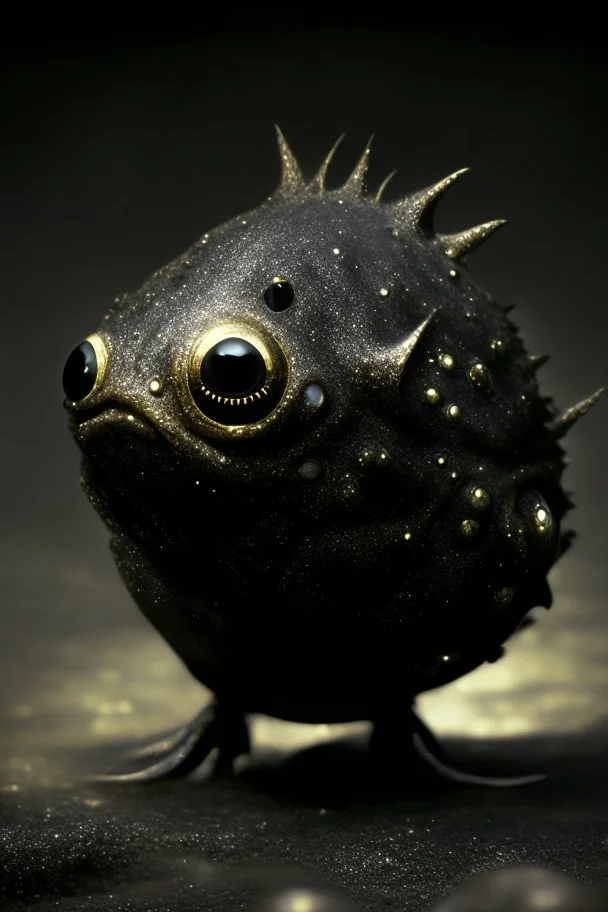 Solid spherical creature, four black eyes, very small mouth, lighting body, The creature is iron, high details, stunning realistic photograph