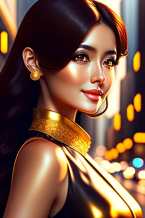 Young business woman, dark orange eyes, dark brown hair, elegant hair, thin lips, gold hoop earrings, waist up portrait, 8k resolution, intricate details, ornate details, soft lighting, vibrant colors, retroanime, masterpiece, realistic, intricate eyeliner, dark eyeshadow, eyes,futuristic cityscape background