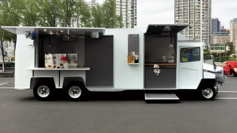 modern looking food truck that has a bunch of bright paint and flashy lights