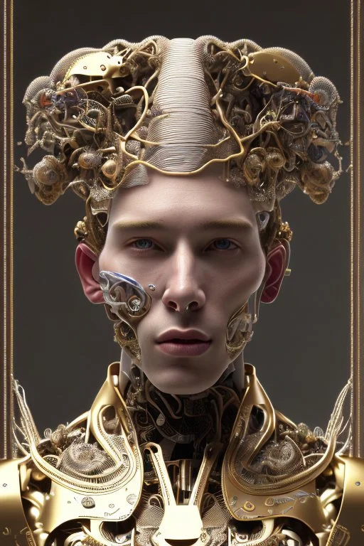 Complex 3d render ultra detailed of a handsome male porcelain profile face, biomechanical cyborg, analog, 150 mm lens, beautiful natural soft rim light, big leaves and stems, roots, fine foliage lace, colorful details, massai warrior, alexander mcqueen high fashion haute couture, pearl earring, art nouveau fashion embroidered, steampunk, intricate details, mesh wire, mandelbrot fractal, anatomical, facial muscles, cable wires, elegant, hyper realistic, ultra detailed, octane render