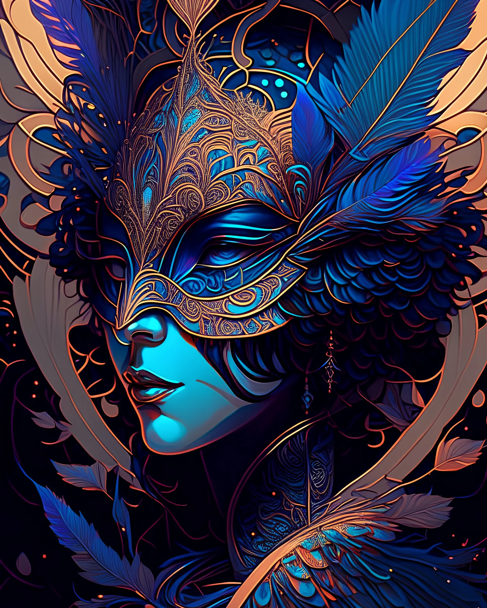 centered detailed venetian mask, vibrant peacock feathers, intricate, elegant, highly detailed, digital painting, artstation, smooth, sharp focus, illustration, illuminated lines, outrun, vaporware, intricate venetian patterns, cyberpunk darksynth, by audrey kawasaki and ilya kuvshinov and alphonse mucha