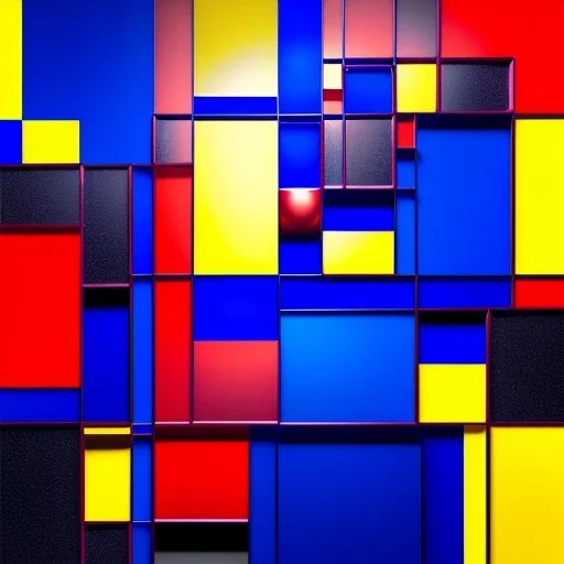 Hyper realistic piet mondrian, squares, stained glass window with lead caming, 4k, sunny day outside, reedglass, ambient glowIng glass