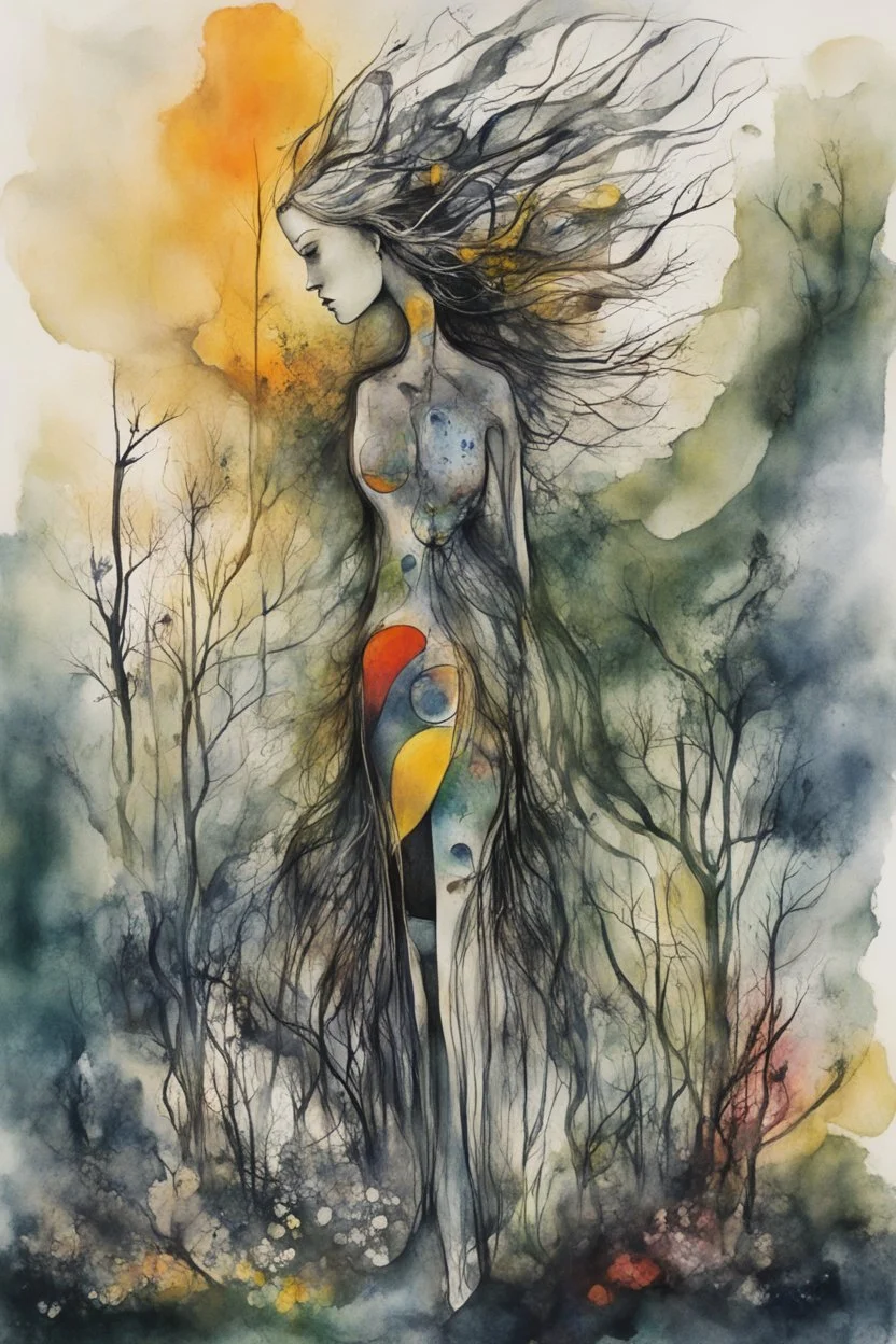 an abstract full body ink wash and watercolor lithographic print portrait illustration of her subconscious yearning to be as free as the unbridled wind whispering through an ancient forest , neo surrealism, biomorphism, abstract expressionism , striking, atmospheric, dreamlike, mystical, enigmatic, in the style of Joan Miro and Roberto Matta, in bold, vibrant plant based organic colors, boldly inked, hyper detailed , highly detailed feminine facial features, 4k