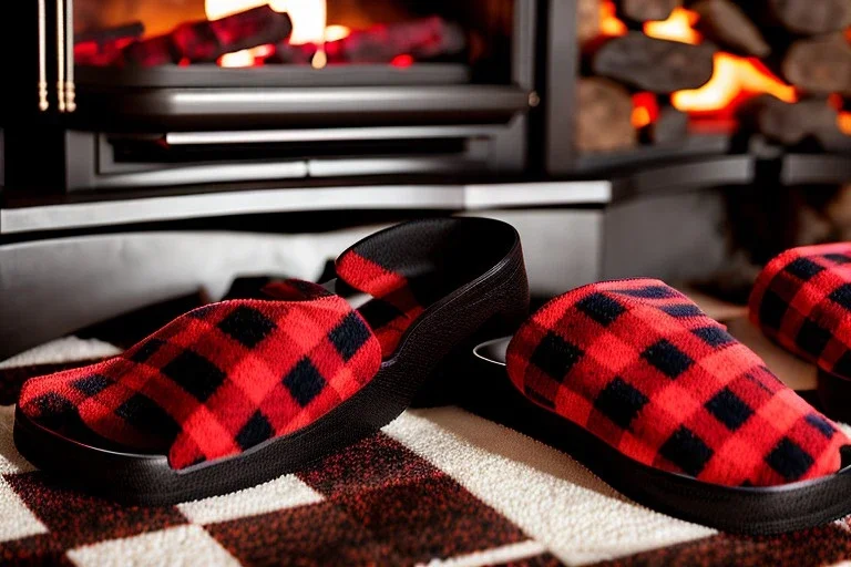 Red plaid slippers on black bearskin rug,log cabin walls, stone fireplace