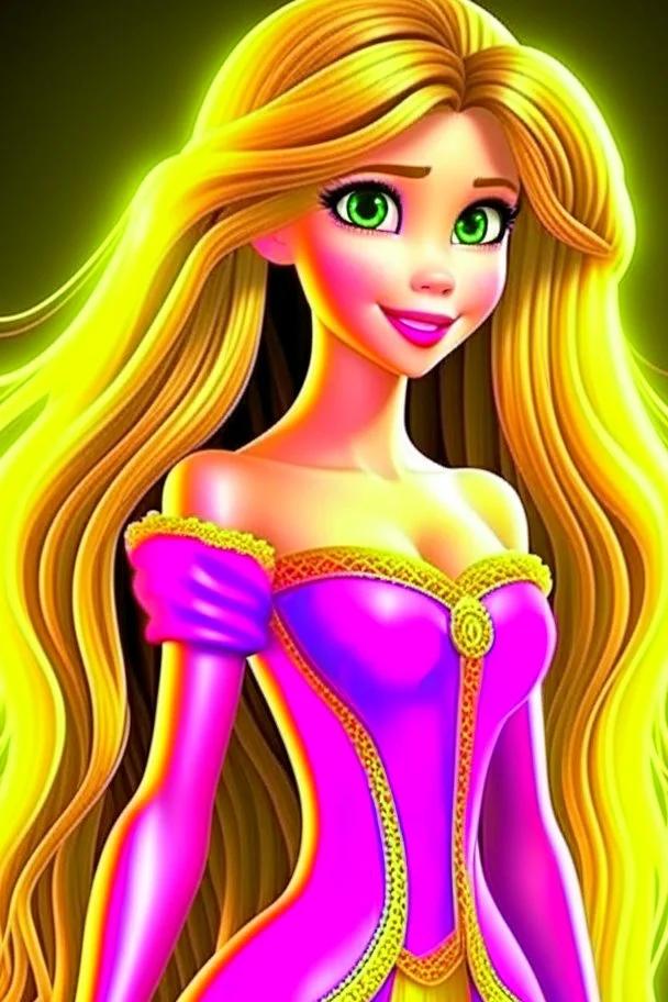 Princess Rapunzel is very beautiful, with a symmetrical, luminous face and beautiful hair