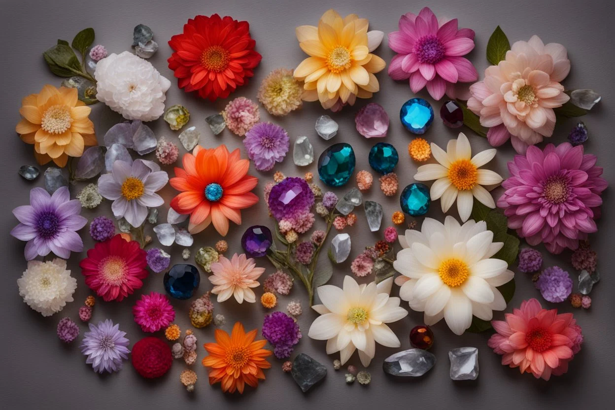 top view of lot of coloured flowers and gemstones in candlelight