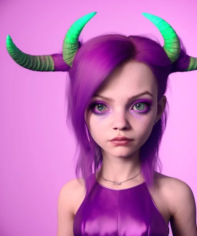 cute purple haired devil girl with bright green eyes and horns on her head wearing a purple/pink dress