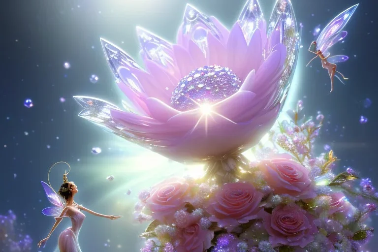 one big crystal subtle flower in a galactic ambiance, transparent petals, delicate colors, in the foreground, with a very little beautiful fairy, full of details, smooth, bright sunshine，soft light atmosphere, light effect，vaporwave colorful, concept art, smooth, extremely sharp detail, finely tuned detail, ultra high definition, 8 k, unreal engine 5, ultra sharp focus