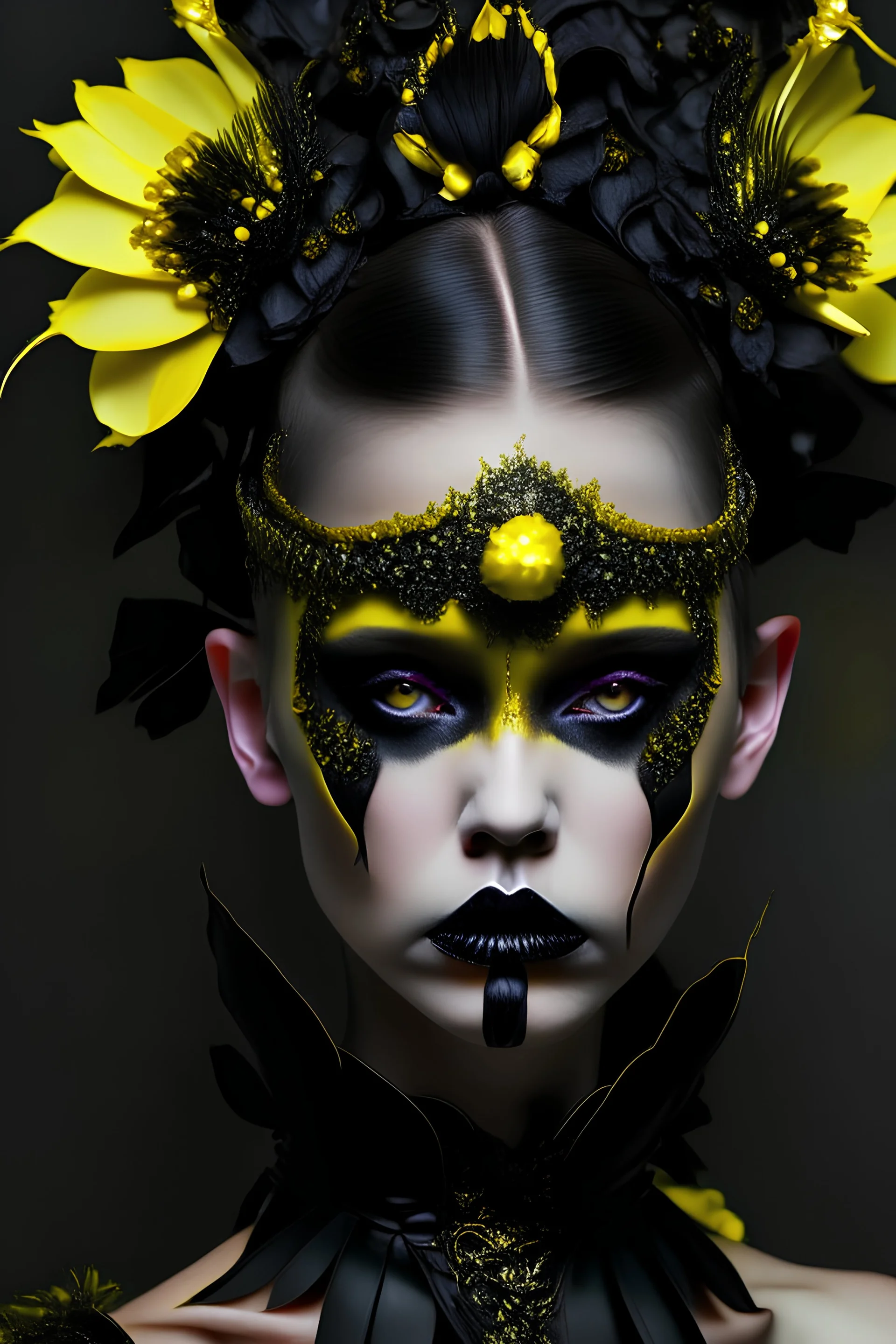 Beautiful faceced young girl, with decadent goth black and yellow orchid flower headdress ribbed with yellow opal, black onix pearls diadem, wearing leather ribbed with black obsidian pearls and yellow opal pearl decadent gothica golden metallic filigree foral ornate half face masque Golden and black colour gradient makeup on, wearing vantablack gothica decadent leather jacket ribbed with yellow opal embossed floral lace ornament extremely detailed hyperrealistic maximalis portrait árt