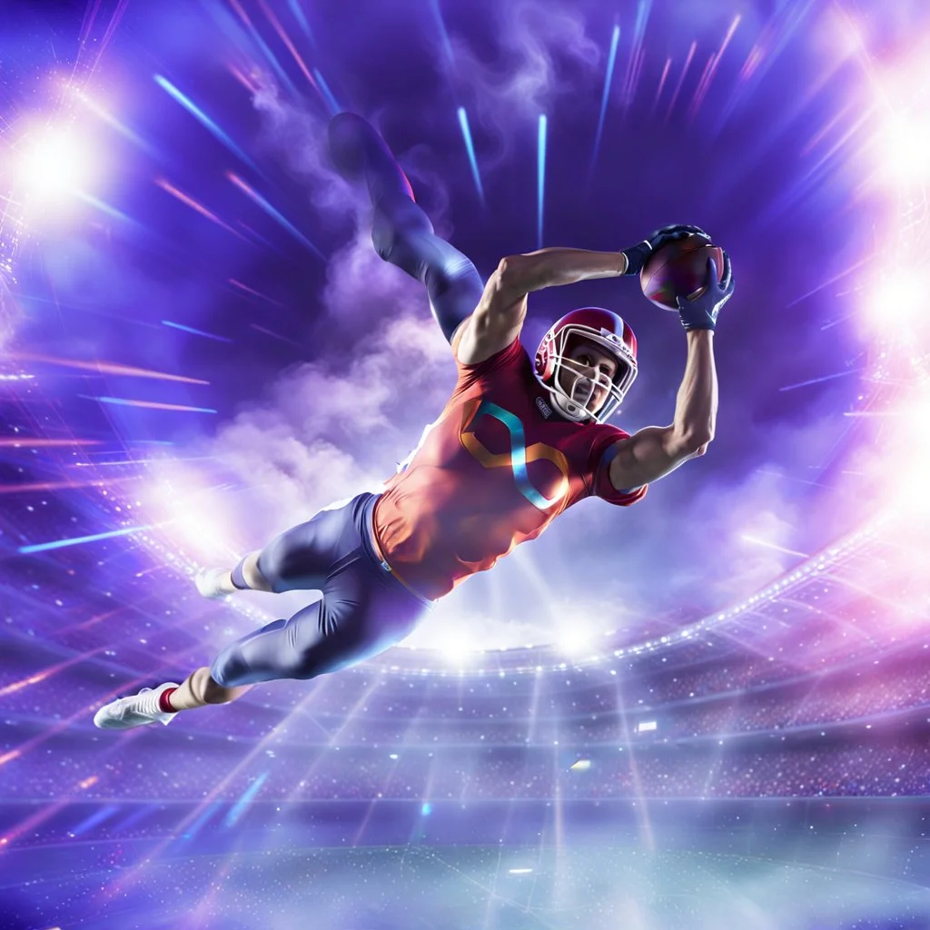 colourful rounded smooth infinity symbol ∞ on shirt, American football player diving with an American football in both hands to score touchdown, striking, vibrant, chiaroscuro, dramatic, captivating, powerful, fantasy, beautiful, octane render, 16k post-production, artstation: award-winning: atmospheric: commanding: fantastical: clarity: ultra quality: striking: brilliance: stunning colors: amazing depth; lens: f/11, 35mm