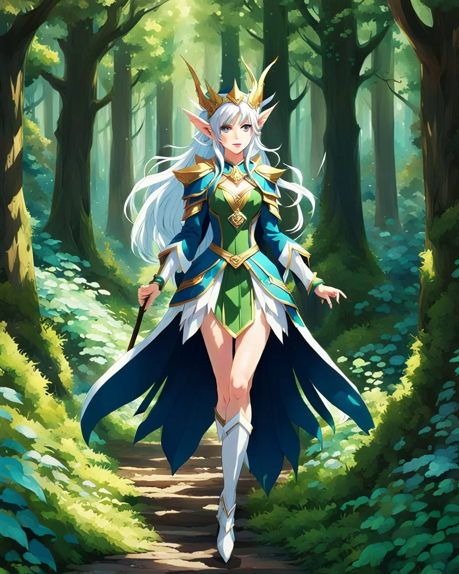 Cuerpo completo, cuerpo completo, Pintura anime 2d de una Reyna elfo caminando en el bosque, coloreada, maximalista, calidad ultra, hiperdetallada, 12k