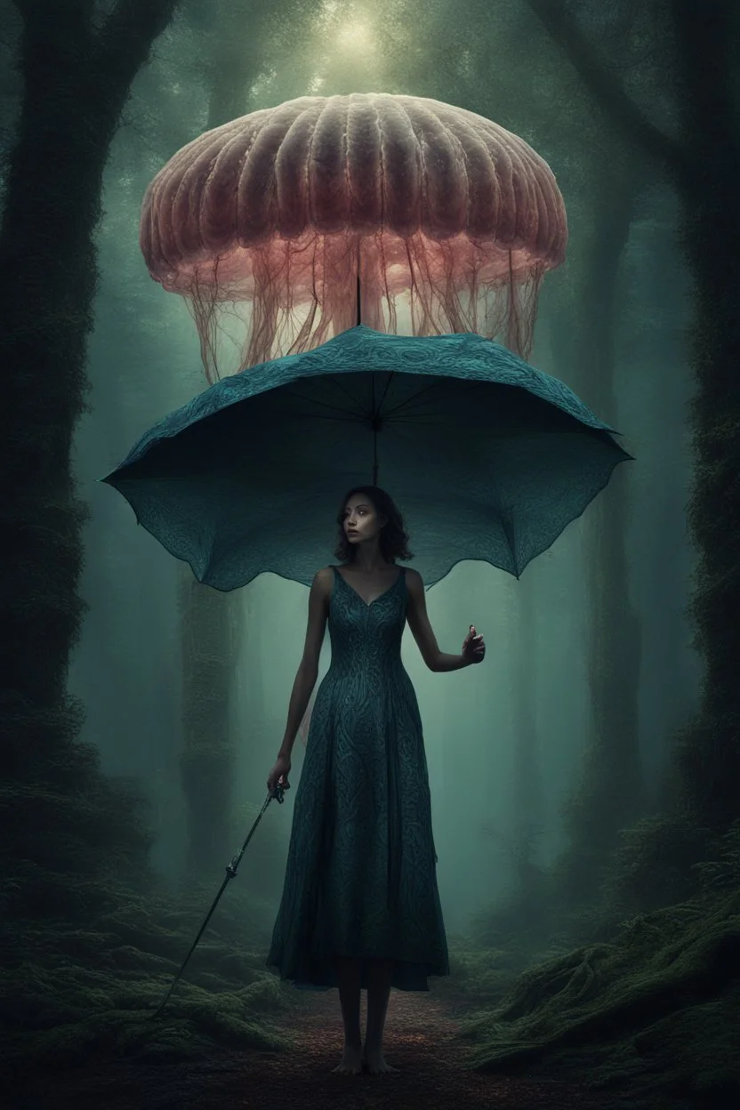 tall slim woman in a dress, in a forest, holding an umbrella made from a jellyfish, detailed matte painting, deep colour, fantastical, intricate detail, complementary colours, fantasy concept art, 8k resolution, Unreal Engine 5