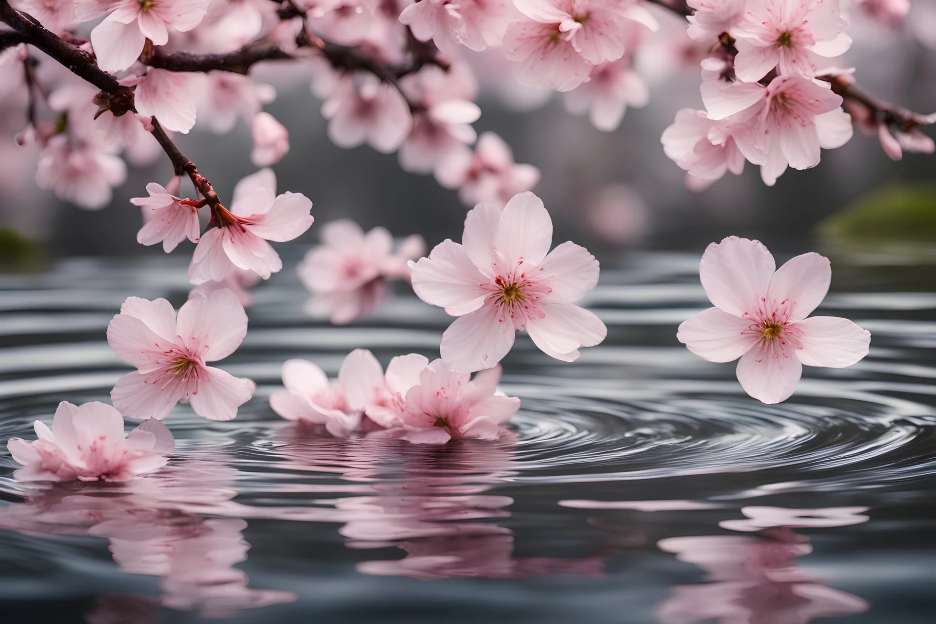 cherry blossom falling on water creating beautiful ripples