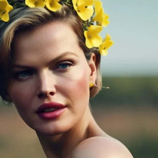 Eva Herzigova has angel wings. She has beautiful eyes, Her hair flies in the air. with yellow flowers for hair, closed eyes, rtx, reflection, 8k, glow, winning photography, caustics