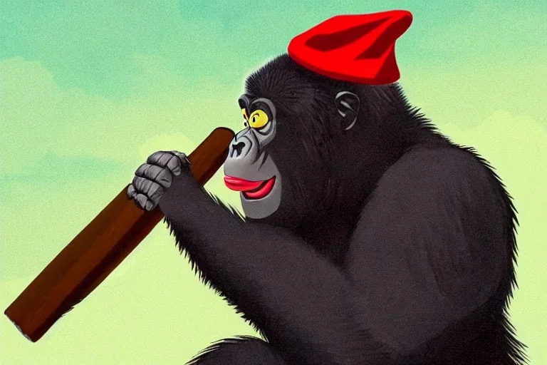 Горилла курит сигару с тёмно-красной шляпой, стиль аниме