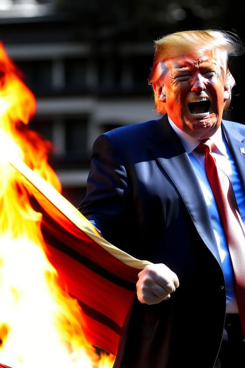 donald trump burns the american flag while maniacally laughing