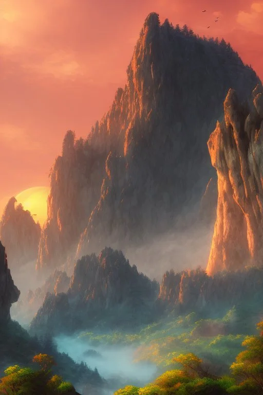 big rock mountains with and orange dawn sky with no clouds close montains anime style