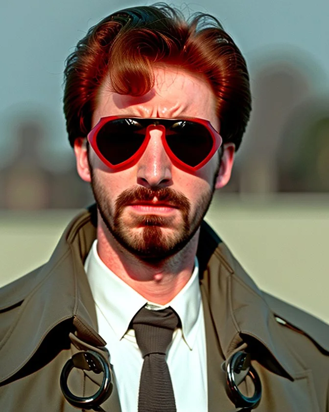 a young man who looks like hans gruber wearing a heavy coat and red sunglasses staring with an irritated look on his face