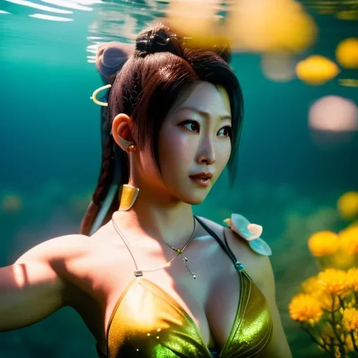 Chun-li underwater with yellow flowers for hair, closed eyes, rtx, reflection, 8k, glow, winning photography, caustics