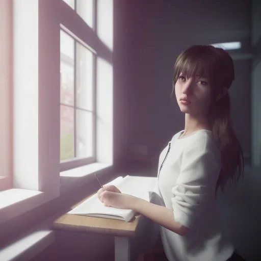 female student studying by the window, anime style, unreal engine 5, cinema4d, sun light, studio lighting --ar 1:1 --v 4