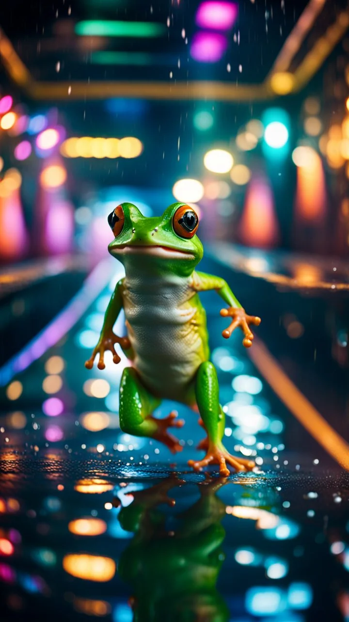 frog tumbling in water slide in the middle of crazy dance moves dancing on buss parked in dark lit reflective wet arcade hall tunnel,bokeh like f/0.8, tilt-shift lens 8k, high detail, smooth render, down-light, unreal engine, prize winning