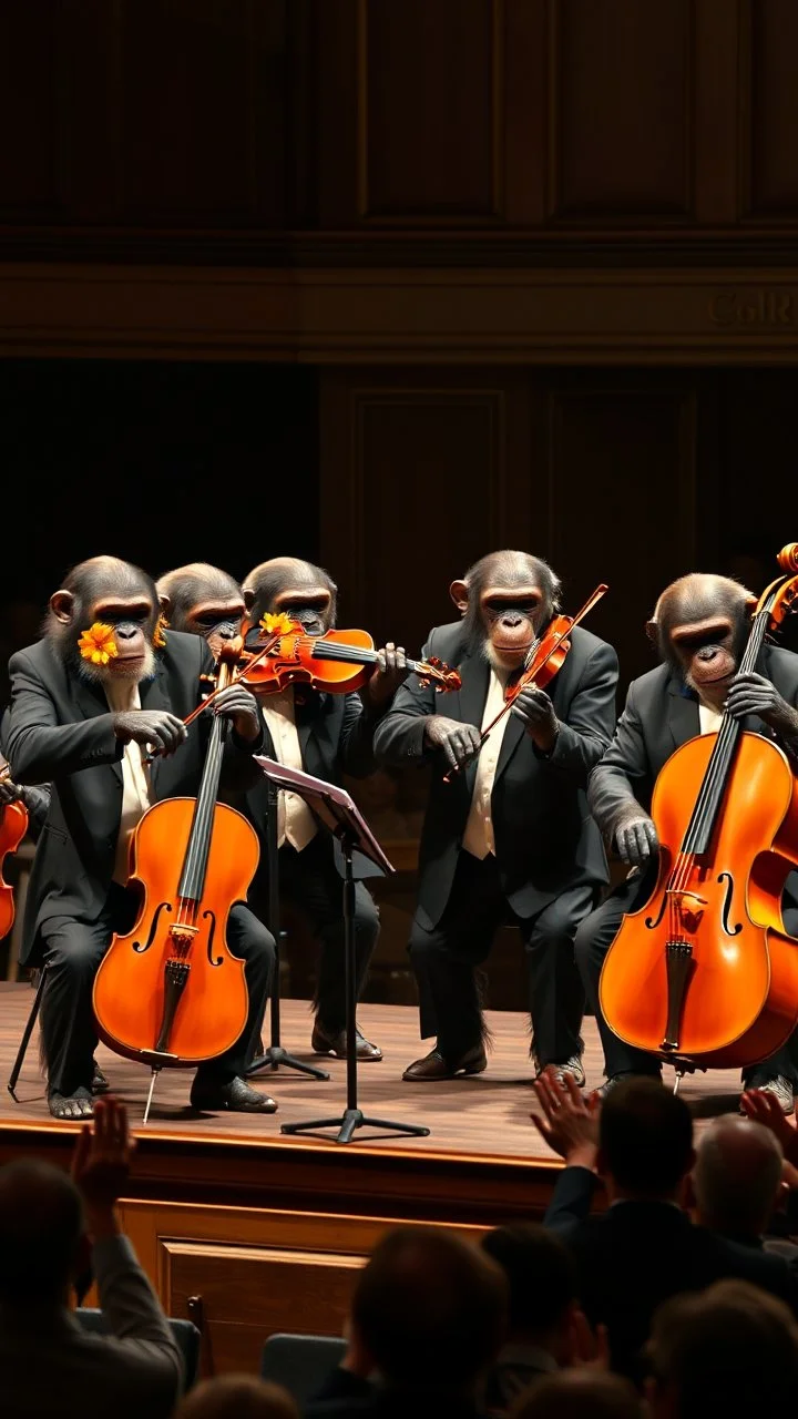 Four chimpanzees musicians wearing Papillons and suits four are playing violins and the one is a playing. Cello each one is looking to a notes stands on a big stage , 4k , high quality picture, many audience are watching and clapping hands