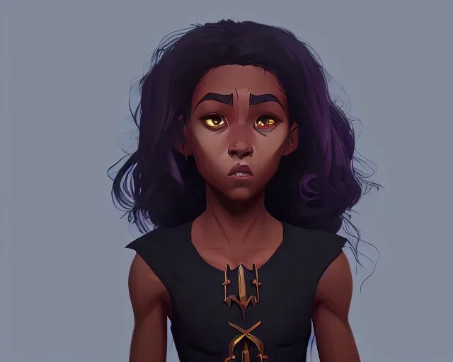 Portrait of an 10 year old cute black kid warlock girl with long dark curly hair and big lips by Nick Harris