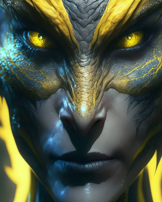 A Na'vi Dragon with large yellow eyes, tattooed skin, starring directly into the viewer, centered, 8k resolution concept art portrait by Greg Rutkowski, Artgerm, WLOP, Alphonse Mucha dynamic lighting hyperdetailed intricately detailed Splash art trending on Artstation Unreal Engine 5 volumetric lighting, by Hajime Isayama, H R Giger, Boris Vallejo, triadic colors