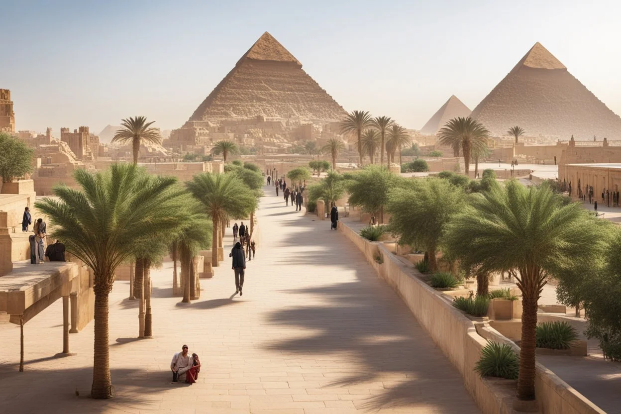 A tourist walkway in Egypt overlooking the pyramids and has green spaces, street seating , and shops on both sides