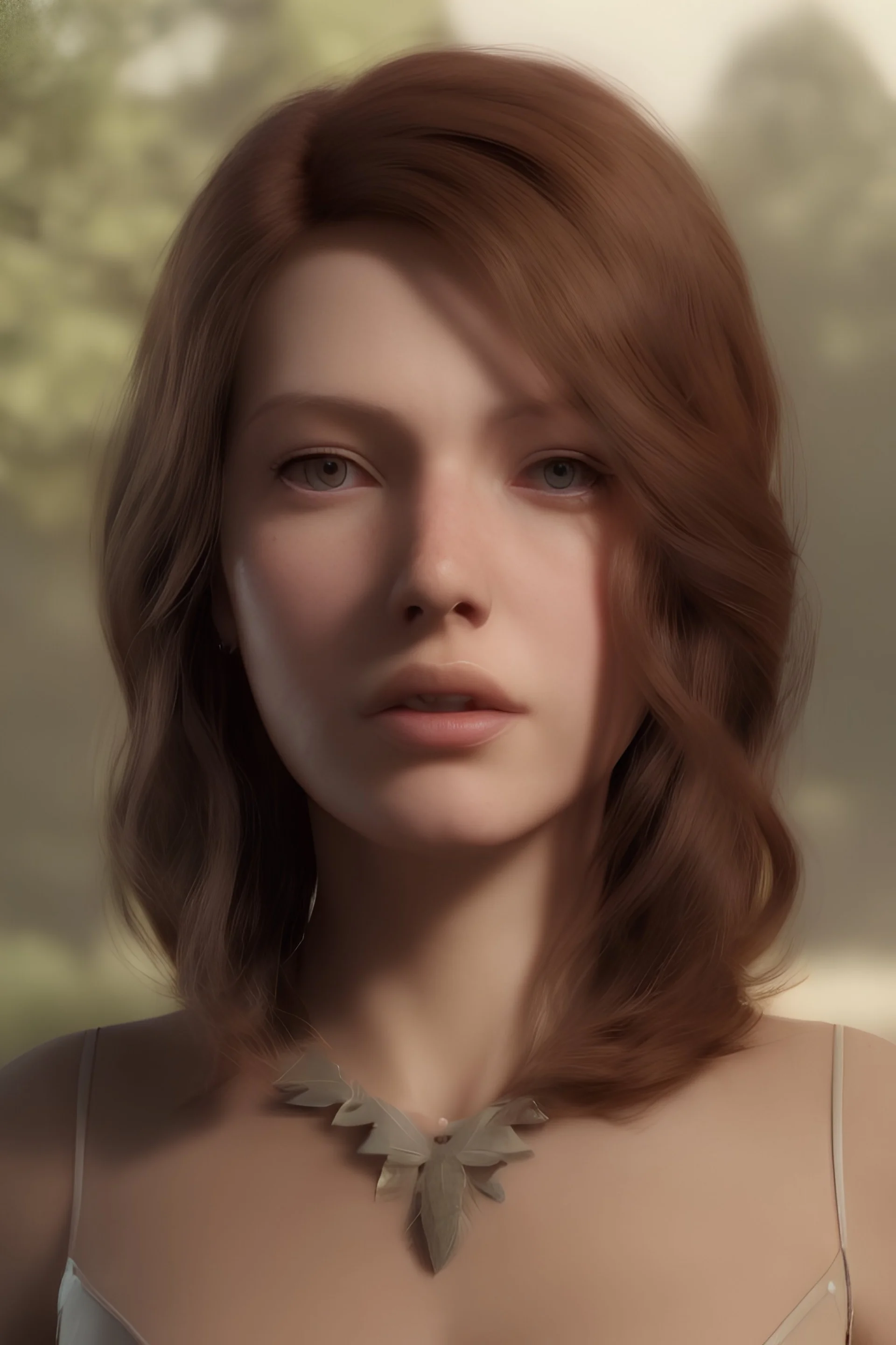 a sweet brown-haired woman with large brown feathered wings