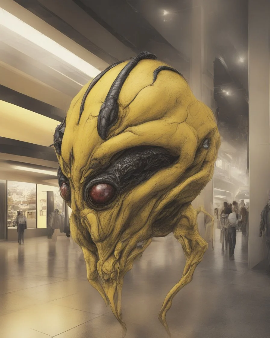 Distorted large yellow insectoid alien black eyes, in a mall, sci-fi art, graphic design, digital illustrated scene, alien art, high strangeness, absurdist, cartoonists