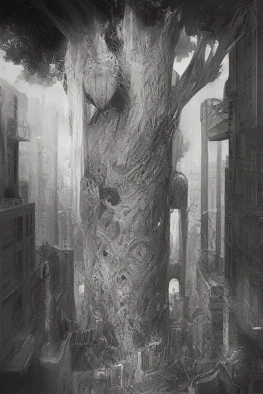 surrealis monochrome A fragmented, surreal tree sculpture liguid color of photorealistic image 3d,psychedelic art of a tree glossy emerging from dreamlike a crumbling building. The tree appears pale with deep cracks and intricate details, evoking a haunting expression. Blackened tree branches intertwine with the gold mengkilat cracks, set against a backdrop of stormy, cloud-filled skies. bauhaus art The overall tone is dark and moody, suggesting themes of decay and transformation.