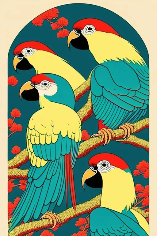  a group of parrots that are on top of each other, a poster by Nōami, ukiyo-e, anime aesthetic, minimalist.