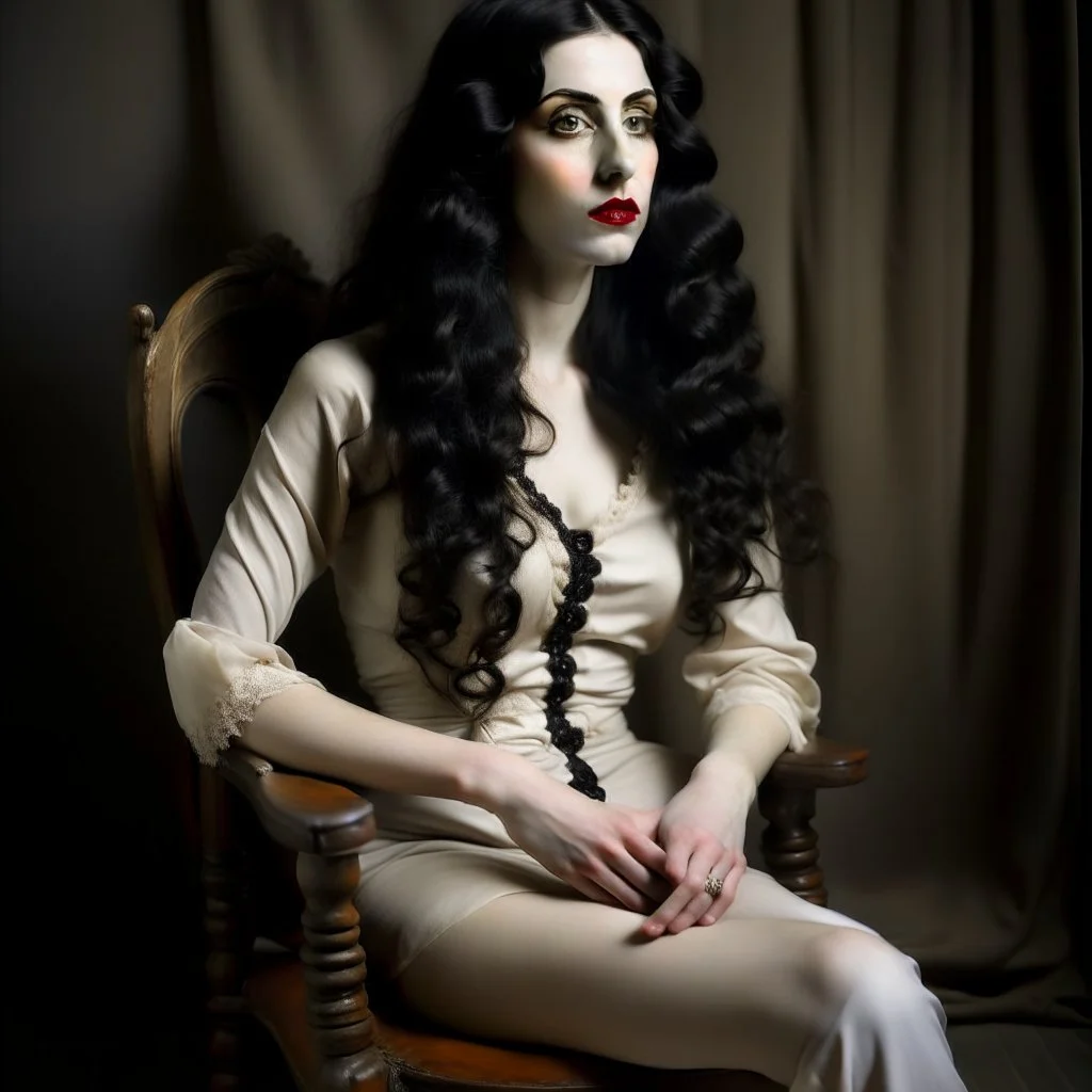 Breathtaking arab 30 years old woman with pale skin she is sitting on an old chair and has a tiny tanktop from the waist up, she has long black curly hair, petite figure, wide hips, prominent nose, thick lips, she has just been slapped around, by Egon Schiele, gustave dore, david mann, retro vintage style, hd photography, hyperrealism, graphite pencil drawing, realistic, natural, b&w illustration, fine art, beautiful watercolor painting, realistic, detailed, by olga shvartsur, svetlana novikova