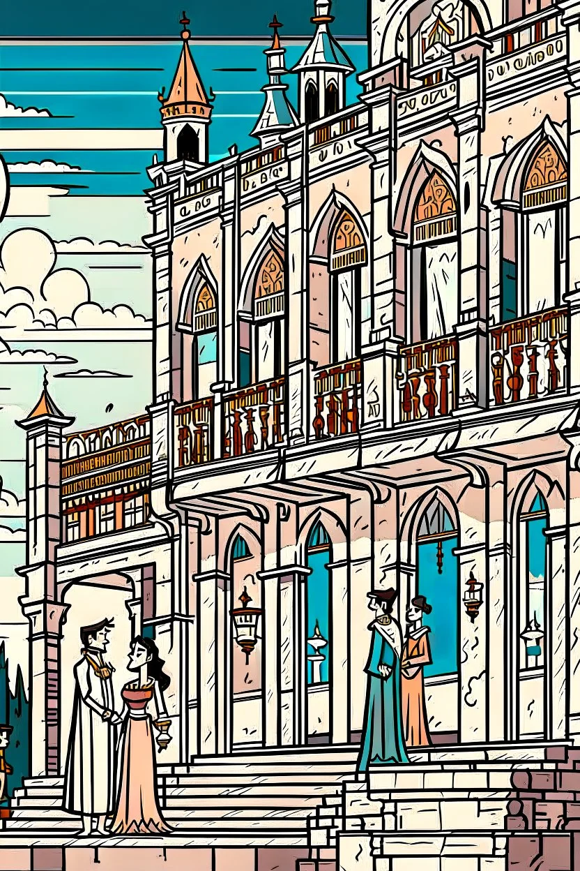 An animation close up drawing of a palace with a king and queen standing on a balcony