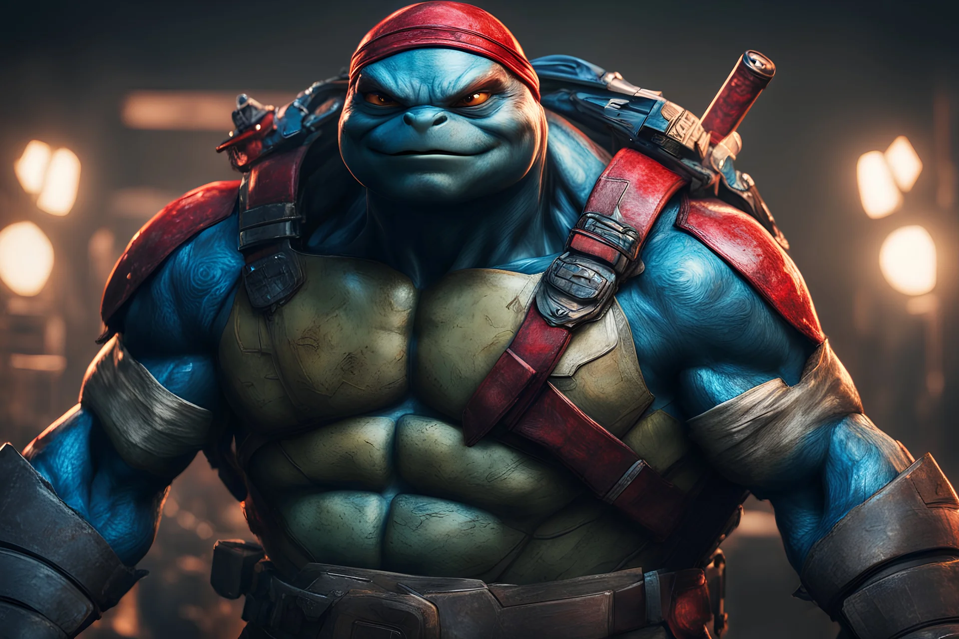 TMNT in a mega cool iron super blue + Red suit with on his arms and shoulders, hdr, (intricate details, hyperdetailed:1.16), piercing look, cinematic, intense, cinematic composition, cinematic lighting, color grading, focused, (dark background:1.1)