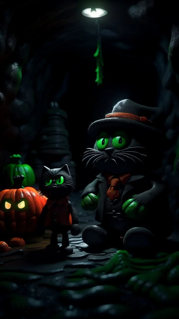 Halloween portrait of Cthulhu postman pat and his gummybear cat, full moon, in dark cave, down-light, shot on Hasselblad h6d-400c, zeiss prime lens, bokeh like f/0.8, tilt-shift lens 8k, high detail, smooth render, down-light, unreal engine, prize winning